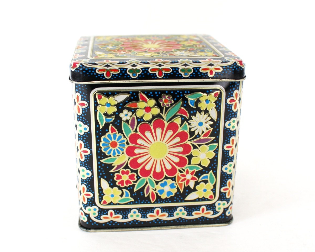 Vintage Tin Box Decorated Ware Lid Floral Metal Container Embossed Made