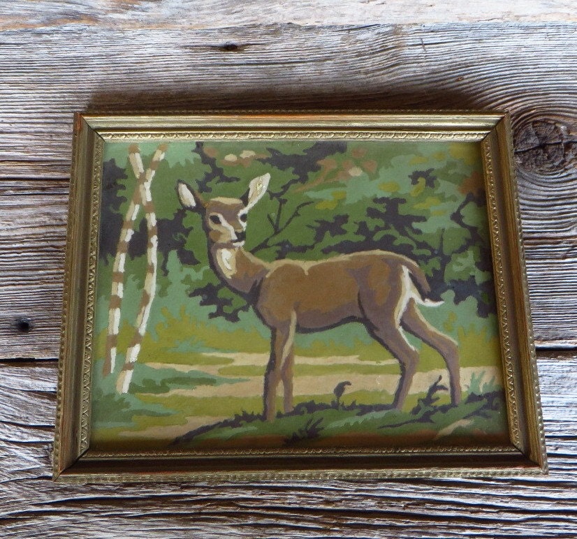 Paint by Number Deer in Woods Framed Woodland Scene 1960's