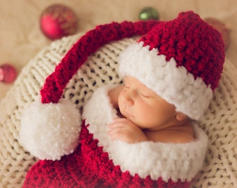 Baby Santa Hat--Hand-Crocheted Newborn Baby Hat in Rich Red with White Fluffy Brim and Pom Pom