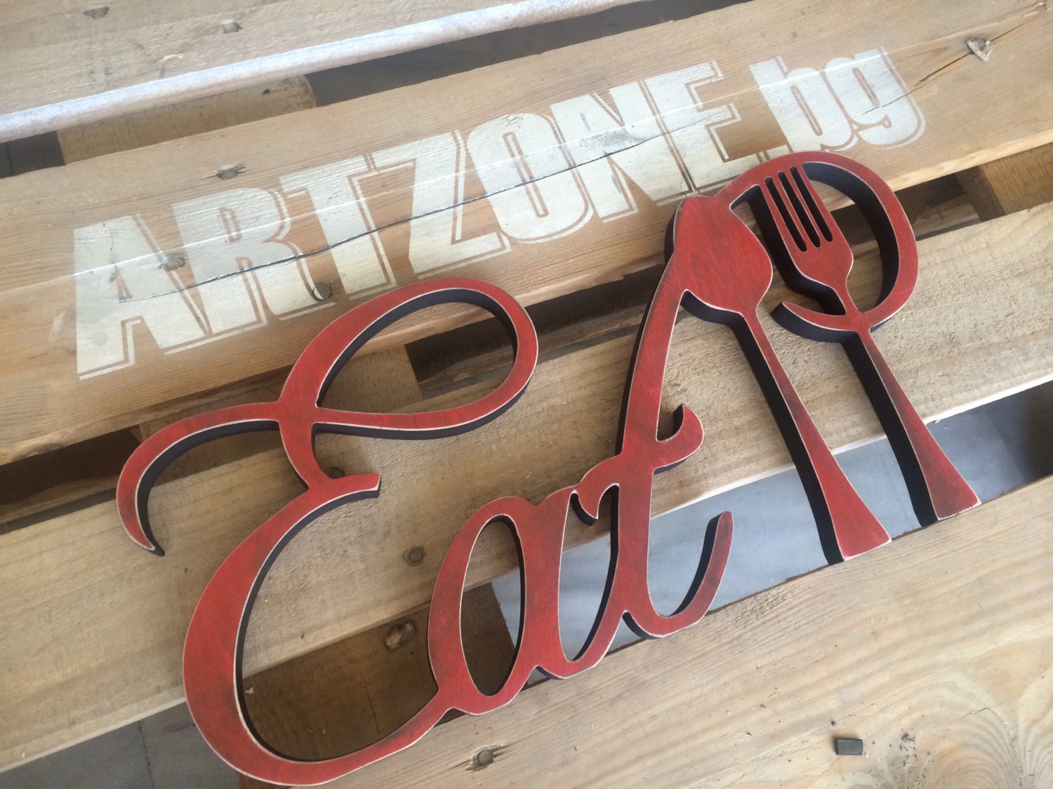 Rustic home EAT spoon and fork sign. Country kitchen decor