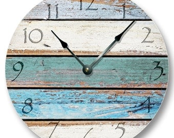 Weathered Beachy Boards wall CLOCK - ocean colors old paint boards printed image - shabby beach wall home decor - 7111
