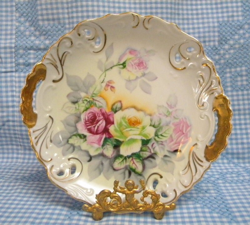 Vanity tray handpainted porcelain two handle floral dish
