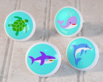 Kid's Ocean Animals Drawer Knobs, Ceramic Drawer Knobs, Decorative Knobs (Singles and Sets of 4), Kid's Bedroom Decor, Nursery Decor