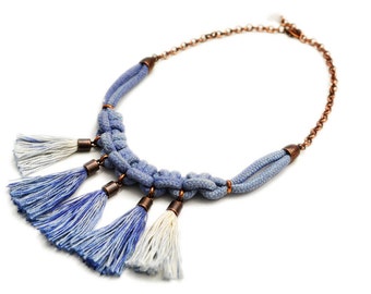 Small Bib Dark Blue Necklace Crochet Necklace Braided Chain