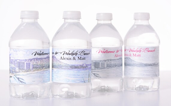 Wakiki Beach HI Skyline Water Bottle Labels - 30 Labels - Choose Greyscale or Colored Sketch Image - Beautiful Artistic Labels Il_570xn