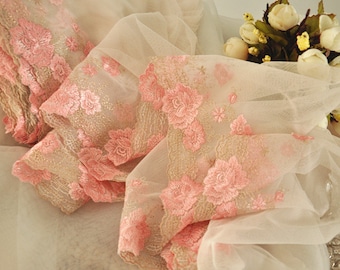 6.5 yards Pink Lace Trim , Floral Embroidered Lace Trim