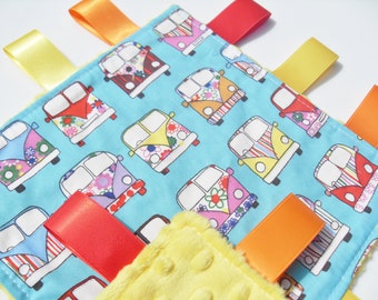 Taggie Blanket Mint VW Camper Van Fabric Yellow Minky toddler comforter Lovey taggy