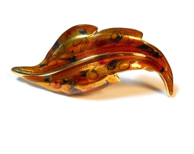 FREE SHIPPING Enamel leaf brooch, large 1980s designer gold enamel brooch pin, reddish orange and black swirls mixed in the enamel