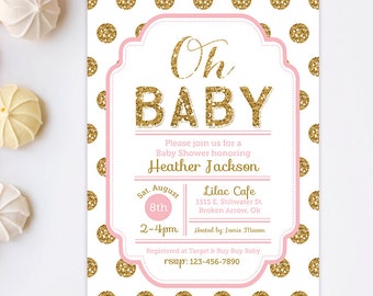 Pink and Gold Baby Shower Invitation - Glitter Baby Shower Invitation - Polka Dot Invitation - Oh Baby - Girl Baby Shower - Printable invite