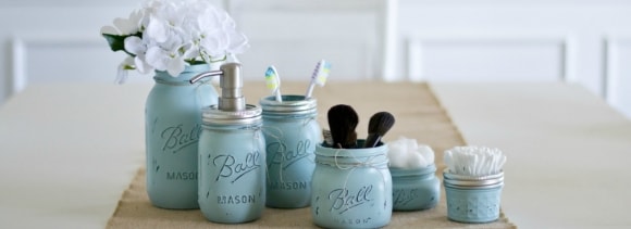 Deluxe Mason Jar Bathroom Kit. SHABBY BLUE. Farmhouse Decor. Rustic Home Decor. Mason Jars. Mason Jar Soap Dispenser. Wedding Gift.