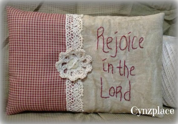 Rejoice In The Lord Redwork Stitchery Pillow