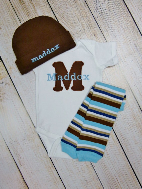 Monogram Baby Boy Personalized Bodysuit or Gown Brown by mamabijou