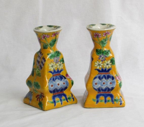 Cloisonne Enamel Yellow Candleholders Pair with Four 4