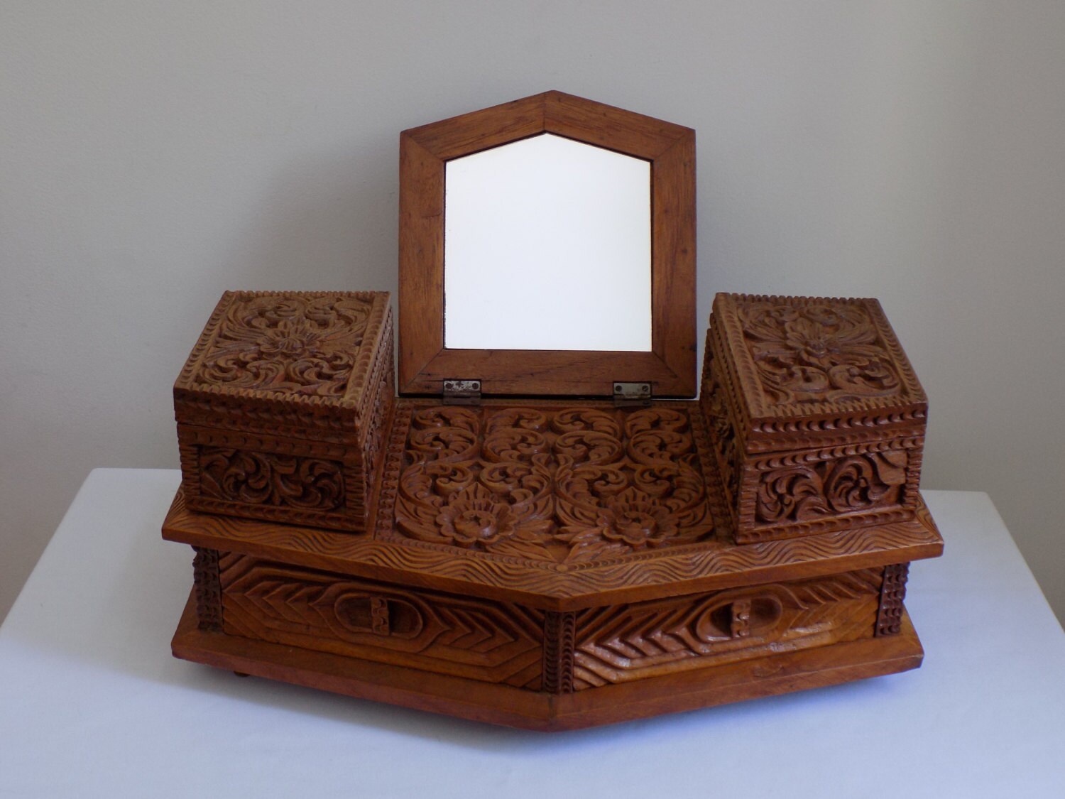 Massive Hand Carved Wood Jewelry Box with Mirror Blue Felt