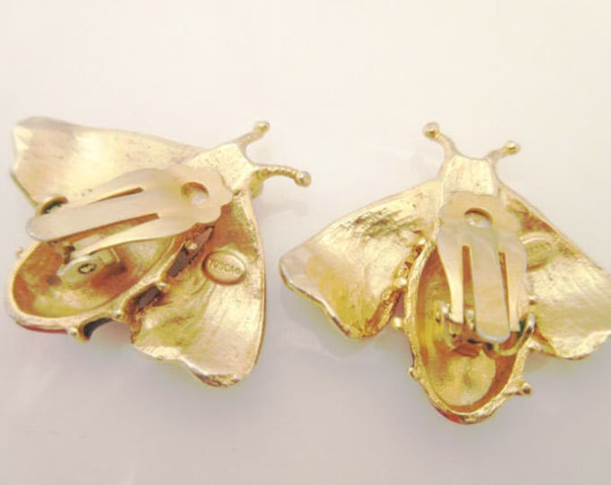 Bumble Bee Earrings -Gerald Yosca - chunky gold Insect - brown maroon enameling - rhinestones -clip on earring