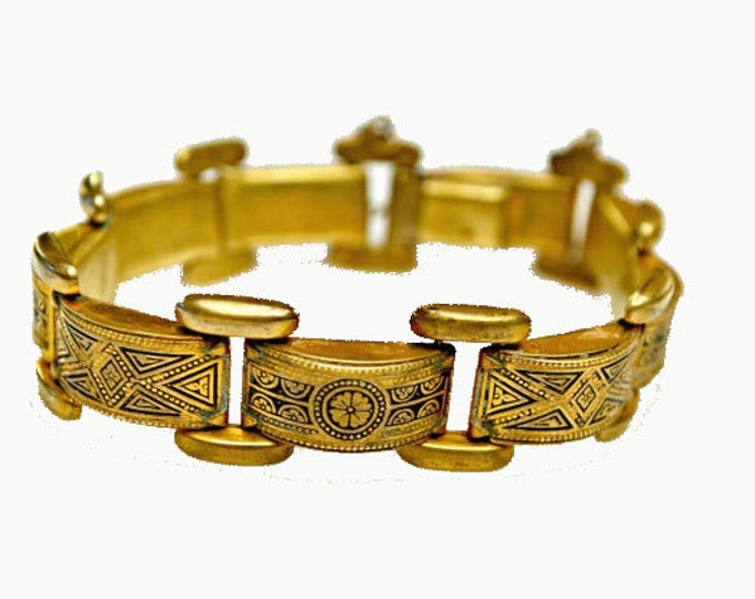 Damascene Link Bracelet - Gold brass and Black enameling - floral design bangle