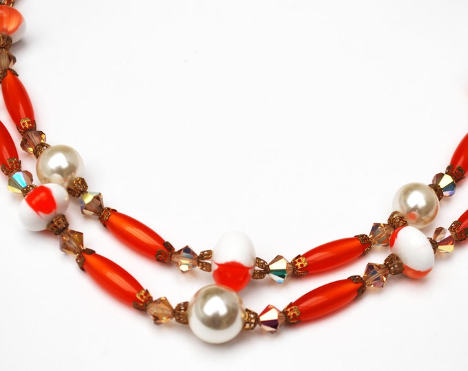 orange white bead necklace earring set Lucite crystal pearls