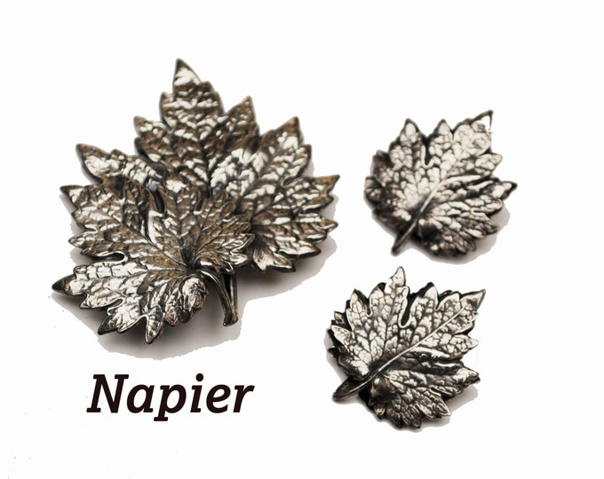 Leaf brooch and earring set - Napier Signed - Silver - clip on earrings -Mid Century