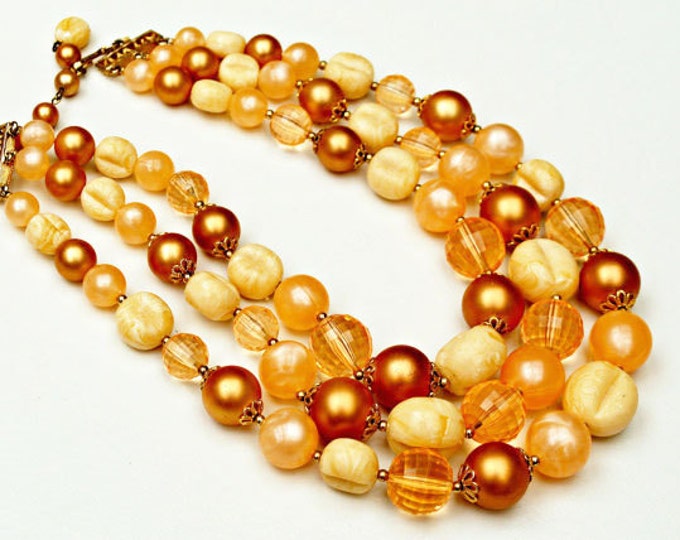 Coro Bead necklace - Peach Cream and Gold lucite - Triple multi strand necklace - Mid century