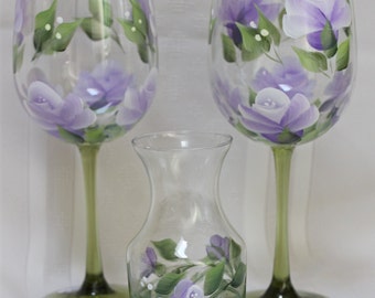 Hand Painted Wine Glasses (Set of two) with two matching Carafes - Lavender and White Roses on Green Stem glass