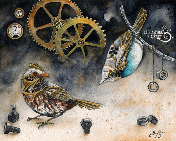 Nuts & Bolts: Fine Art Watercolour Bird Print by ClockworkArtShop steampunk buy now online