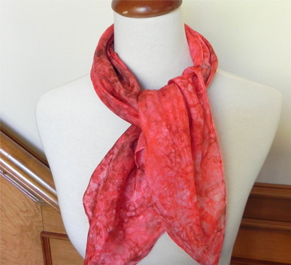 Square hand dyed silk scarf in shades of warm red 30 large