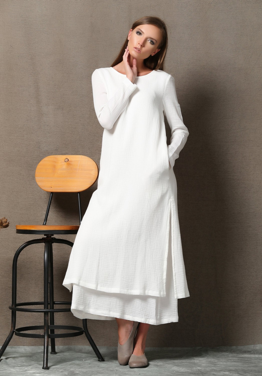 White cotton Dress Layered Loose-Fitting Plus Size Casual