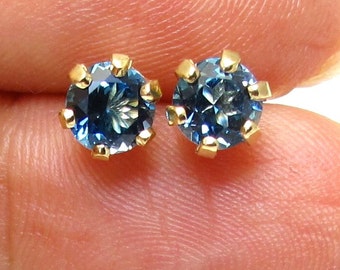 14K London Blue Topaz Earrings - Round Blue Topaz Studs - Yellow Gold - Vintage - Pierced - Post Back - December Birthstone