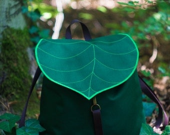 Dark Green Leaf Leaf Bohemian Backpack, Women's Rucksack, Waterproof Festival Backpack, Grunge Backpack, School Backpack,