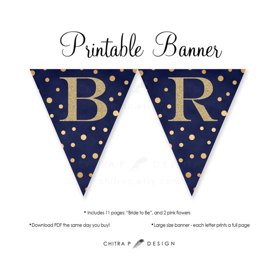 Navy Pink Gold Bridal Shower Banner Printable Blue Glitter