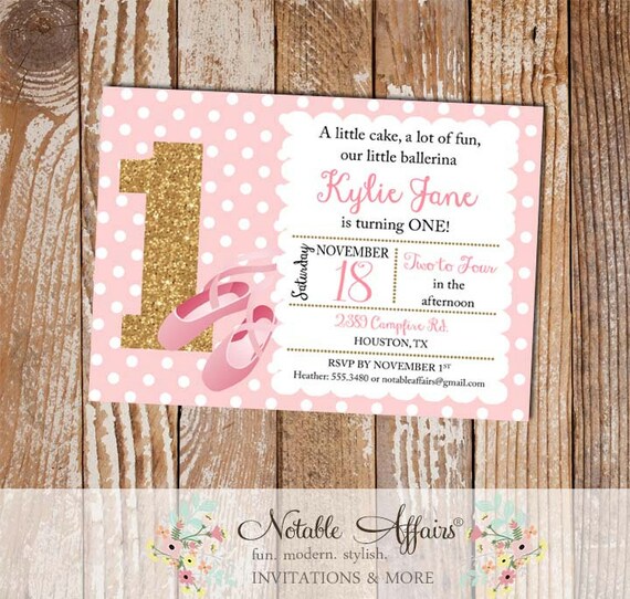 Light Pink and Gold Glitter Ballet Slippers Ballerina Pink Birthday Party Invitation - any age Il_570xn