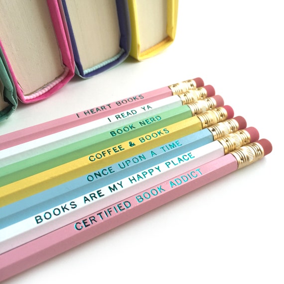 Set of 7 Book Lovers Pencil Set — Pastel Colors, Imprinted Pencils, Engraved Pencils, Booknerd Gift, Bookish Gift