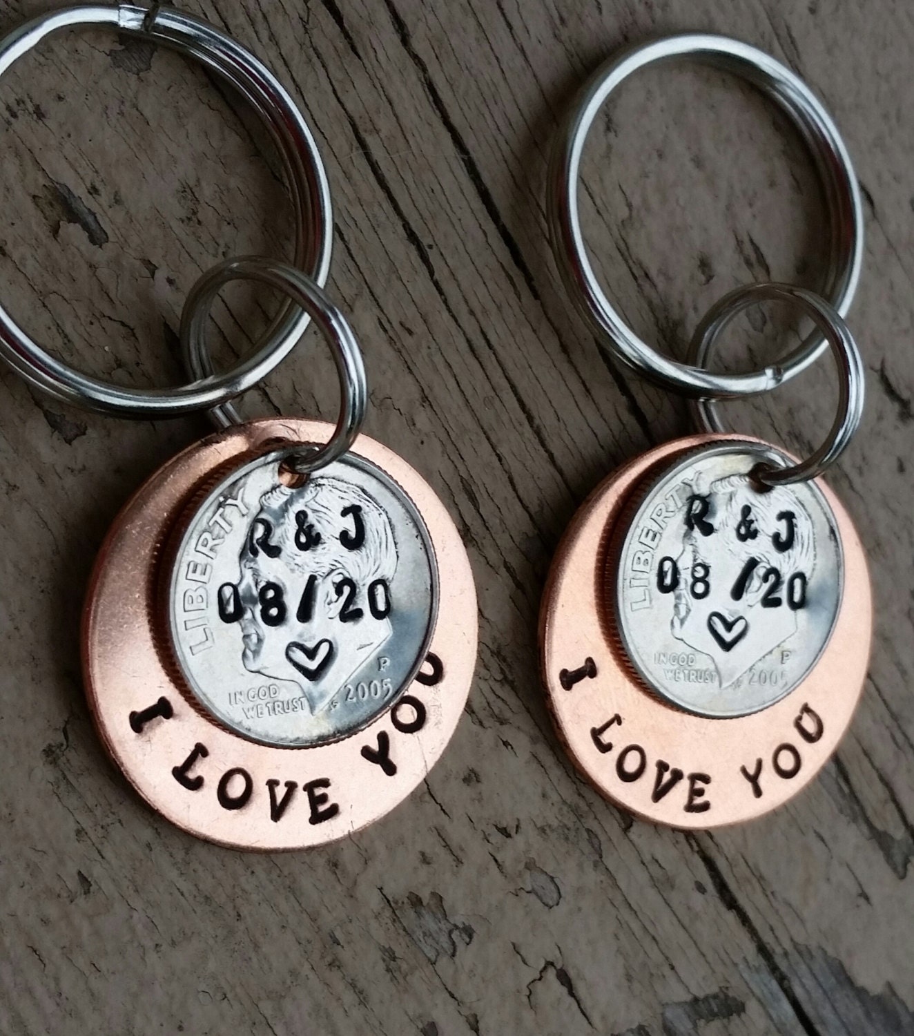 Matching 10 Year Anniversary Stamped Dime Keychains by TiffysLove