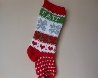 Personalized Christmas Stocking Hand Knitted With Snowlakes Christmas Gift Christmas Decoration