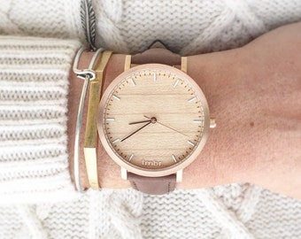 Wood Watch, Cherry Wood Rose Gold Watch, Women's Watch, Brown Leather Strap - HELM-CR
