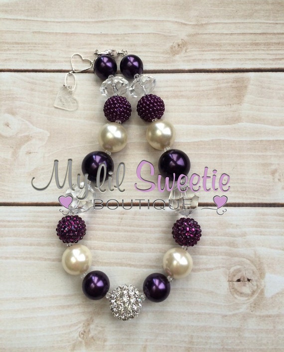Items similar to Eggplant purple and Ivory chunky necklace, girls