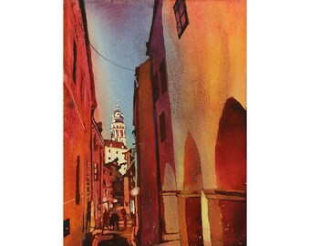 Castle rising above city- Cesky Krumlov, Czech Republic. Fine art watercolor painting. Watercolor print. Cesky Krumlow painting fine art
