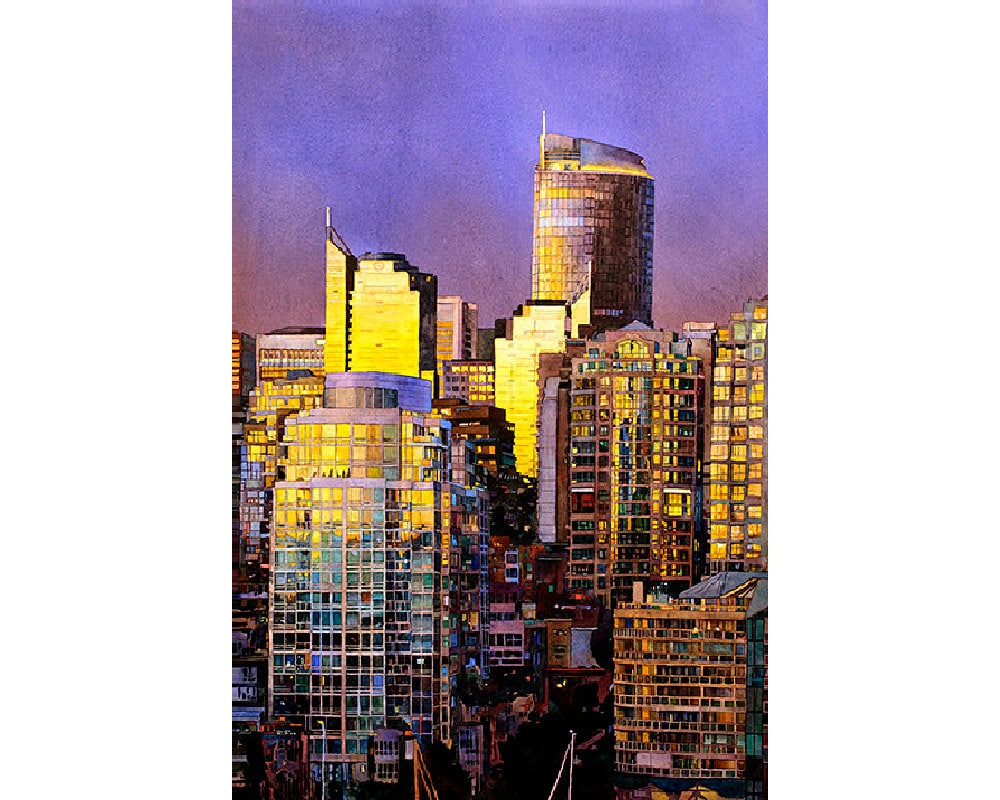 Watercolor painting of skyscrapers of downtown Vancouver B.C.