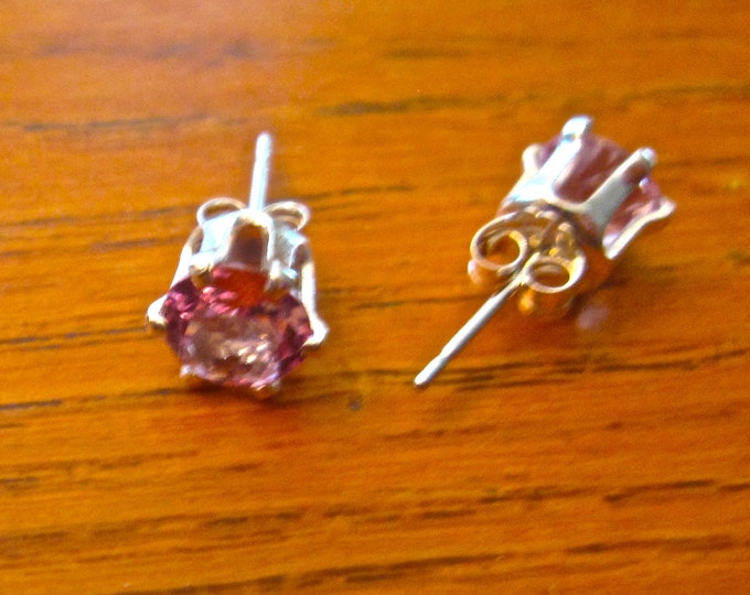 Pink Topaz Studs, 6mm Round, Natural, Set in Sterling Silver E816