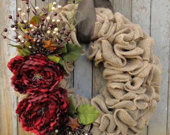 Red Peony Christmas Wreath-Christmas Burlap Wreath--Holiday Burlap Wreath-Rustic Christmas Wreath-Holiday Door Decor-Burlap Wreath