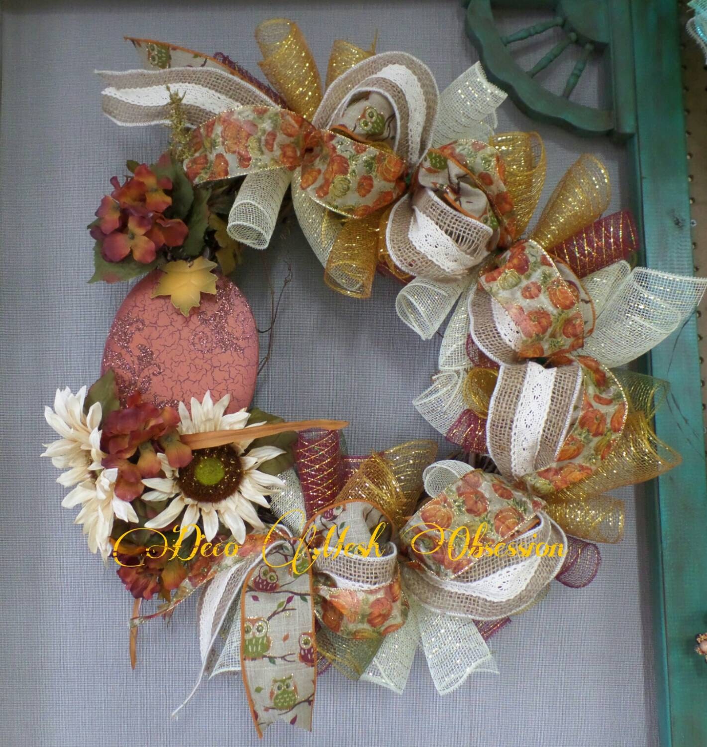 Fall Pumpkin Deco Mesh Grapevine Wreath by