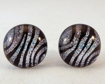 Black and Silver Zebra Dichroic Fused Glass Earrings, Fused Glass, Dichroic, Fused Glass Earrings, Studs, Zebra Earrings, Silver, Black