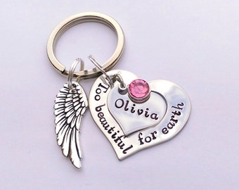 Personalised memorial keyring - Too beautiful for earth - personalized memorial keychain - remembrance - bereavement gifts presents