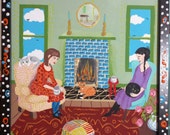 SISTERS- Colorful, whimsical original cat lady painting. Black cats. 18" x 24" canvas board in hand decorated frame. SISTERS- Colorful, whimsical original cat lady painting. Black cats. 18" x 24" canvas board in hand decorated frame.