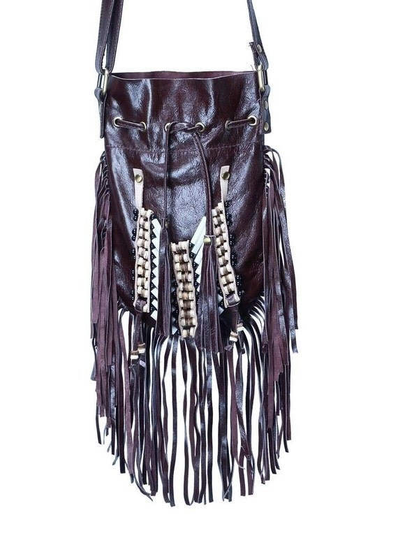 N46P Dark Brown Indian leather Handbag Native American