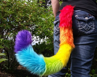 Rainbow Cat Costume Tails 24" 36" 48" by AnthroWear - Furry Clip-On Cosplay Accessories - Hand Made In USA