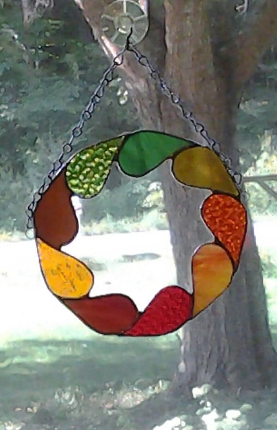 Stained glass sun catcher leaf wreath Autumn by OldTimeCrafts