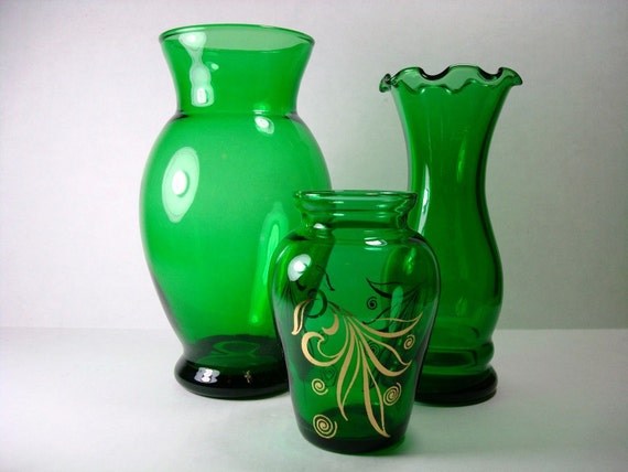 Vintage Green Glass Vase Set Of Green Vases Anchor Hocking