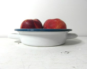 Cute white and blue enamelware dish, French vintage, French enamelware, French country decor, French kitchenware.