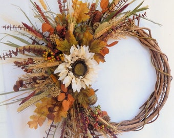 Fall Wreath, Front Door Wreath "Autumn Moon"Sunflower Wreath,Thanksgiving Wreath,Country Wreath,PumpkinWreath,Autumn Wreath